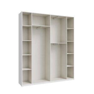 Home Nook 4 Door Hinged Wardrobe 178cm empty interior showing full-length and two-tier hanging with shelves at each end, White
