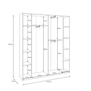 Home Nook 4 Door Hinged Wardrobe 178cm interior dimension drawing with compartment widths and heights, White