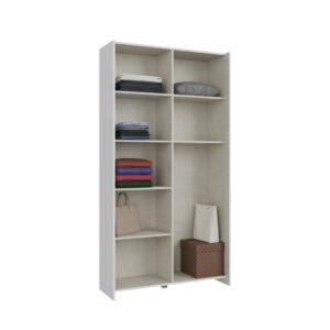 Home Nook Slim Sliding Door Wardrobe 100cm interior styled with folded clothes, bags and boxes