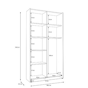 Home Nook Slim Sliding Door Wardrobe 100cm interior dimension drawing showing 48cm bays and shelf heights
