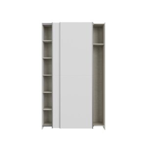 Home Nook Slim Sliding Door Wardrobe 120cm front view with doors slid apart showing shelves and hanging bay, White
