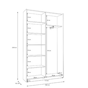 Home Nook Slim Sliding Door Wardrobe 120cm interior dimension drawing showing 58cm bays and 163cm hanging drop
