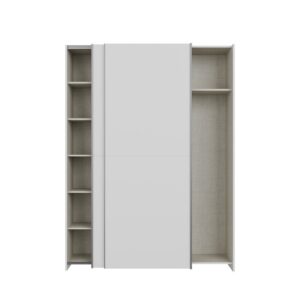 Home Nook Slim Sliding Door Wardrobe 150cm front view with doors slid apart showing shelves and hanging bay, White