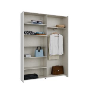 Home Nook Slim Sliding Door Wardrobe 150cm interior styled with folded clothes, bag and hanging clothes