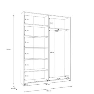 Home Nook Slim Sliding Door Wardrobe 150cm interior dimension drawing showing 73cm bays and 163cm hanging drop
