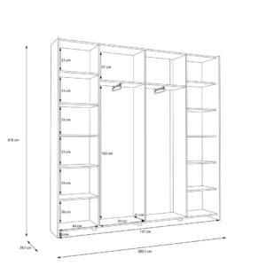 Home Nook Slim Sliding Door Wardrobe 200cm interior dimension drawing showing two hanging bays and two shelf columns