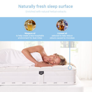 Infographic showing margosa oil and linseed oil in the Jay-Be Pure mattress cover, used to deter dust mites and odours