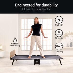 Woman standing on the empty Jay-Be Quick frame showing the Mono-Tex base, rated up to 160kg