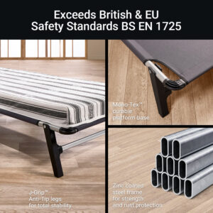 Close-ups of the Jay-Be Quick folding bed J-Grip anti-tip legs, Mono-Tex base and zinc-coated steel frame