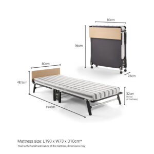 Jay-Be Quick folding bed dimensions: open 80 x 194 cm, 32 cm to mattress top, folded 80 x 96 x 26 cm