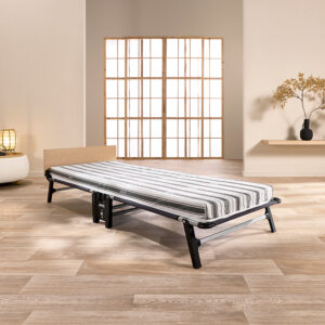 Jay-Be Quick 80cm single folding guest bed with Comfort Stripe mattress on castors, side view