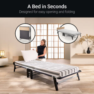 Jay-Be Quick folding bed being opened, with insets showing it folded and fully open