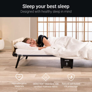 Guest asleep on the Jay-Be Quick folding bed with pillow and duvet, OEKO-TEX hypoallergenic fabric icons