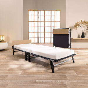 Jay-Be Quick QM80 folding bed open with white Memory e-Fibre mattress and wooden headboard