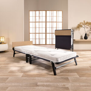 Jay-Be Quick QP80 folding bed open with hand-tufted Pocket Sprung mattress and wooden headboard