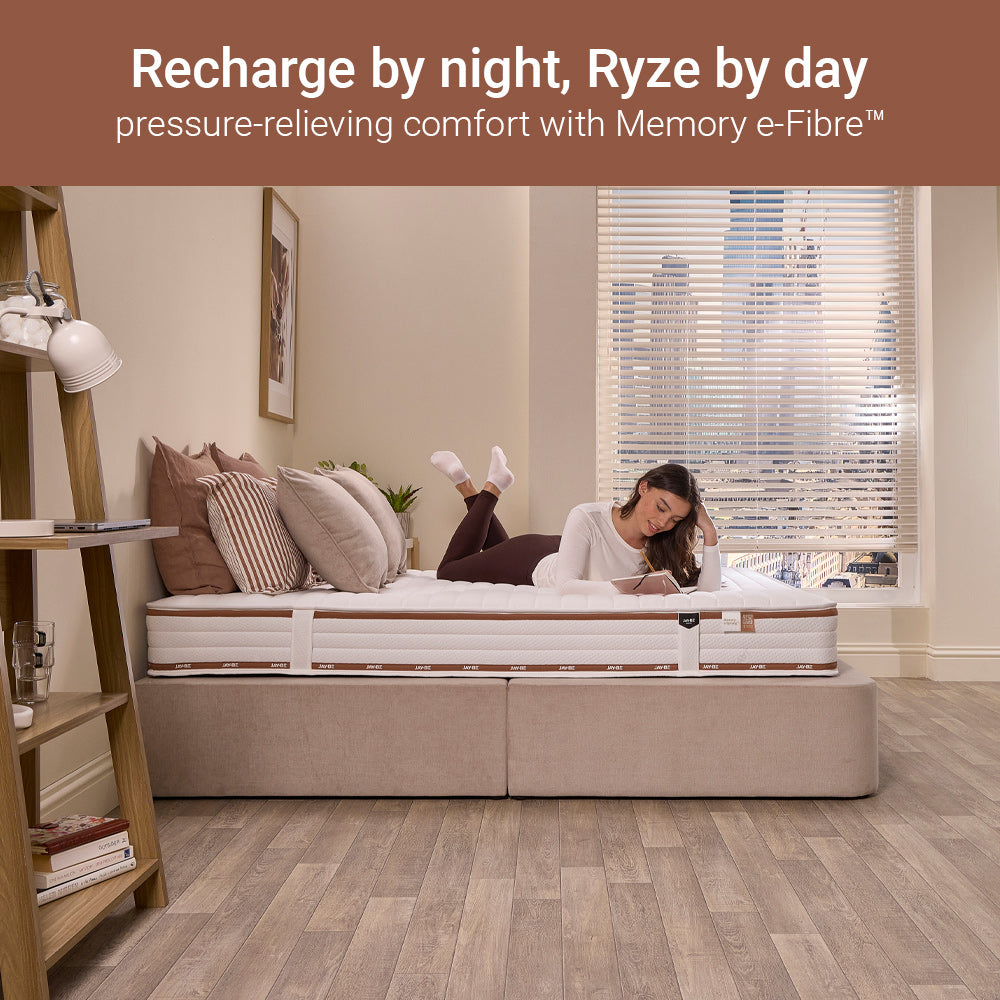 Woman lying on the Jay-Be Ryze Memory mattress, Memory e-Fibre pressure relief