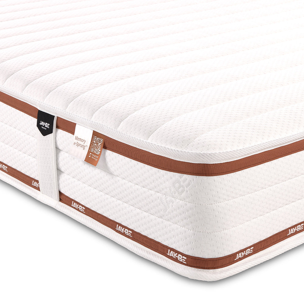 Close-up of the Jay-Be Ryze Memory deep quilted knitted cover and branded border