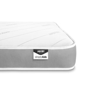 Close-up of the Simply Kids Anti-Allergy Bunk Mattress corner showing the white quilted top, grey side panel and Jay-Be label