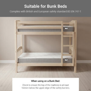 Two Simply Kids Anti-Allergy Bunk Mattresses fitted on a pine bunk bed with the 160 mm guard-rail safety note
