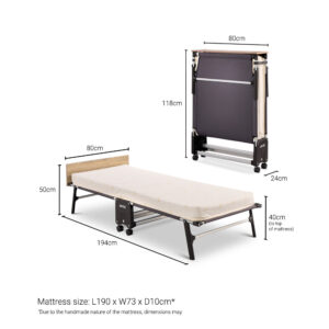 TC80 Tourist dimensions: 80 x 194 cm open, 40 cm to mattress top, 50 cm headboard; folded 80 x 24 x 118 cm; mattress 190 x 73 x 10 cm