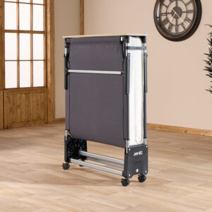 Jay-Be TC80 Tourist folding bed folded upright on its castors with the mattress stored inside