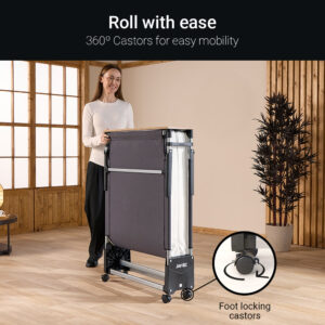 Woman wheeling the folded Tourist bed on its 360 degree foot-locking castors