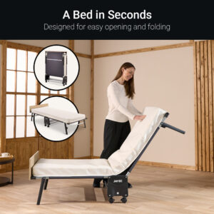 Woman opening the Jay-Be Tourist folding bed, which sets up in seconds