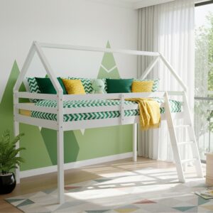 White wooden mid sleeper house bed in a child's room with green and yellow bedding