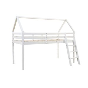 White mid sleeper house bed with roof frame, guard rails and angled ladder