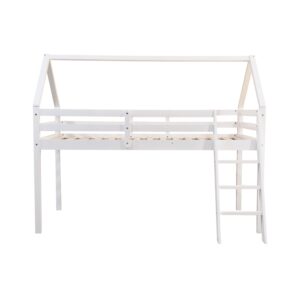 Front view of the white wooden mid sleeper house bed with ladder at one end