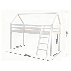 Dimension drawing of the house mid sleeper: 198 cm long, 96 cm wide, 160 cm high, 73.5 cm beneath