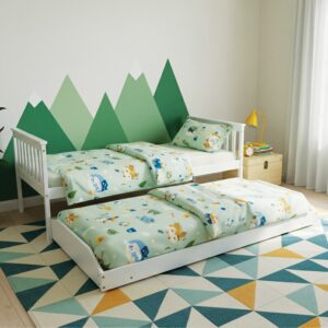 White wooden single bed in a child's room with the trundle pulled out and both beds made up