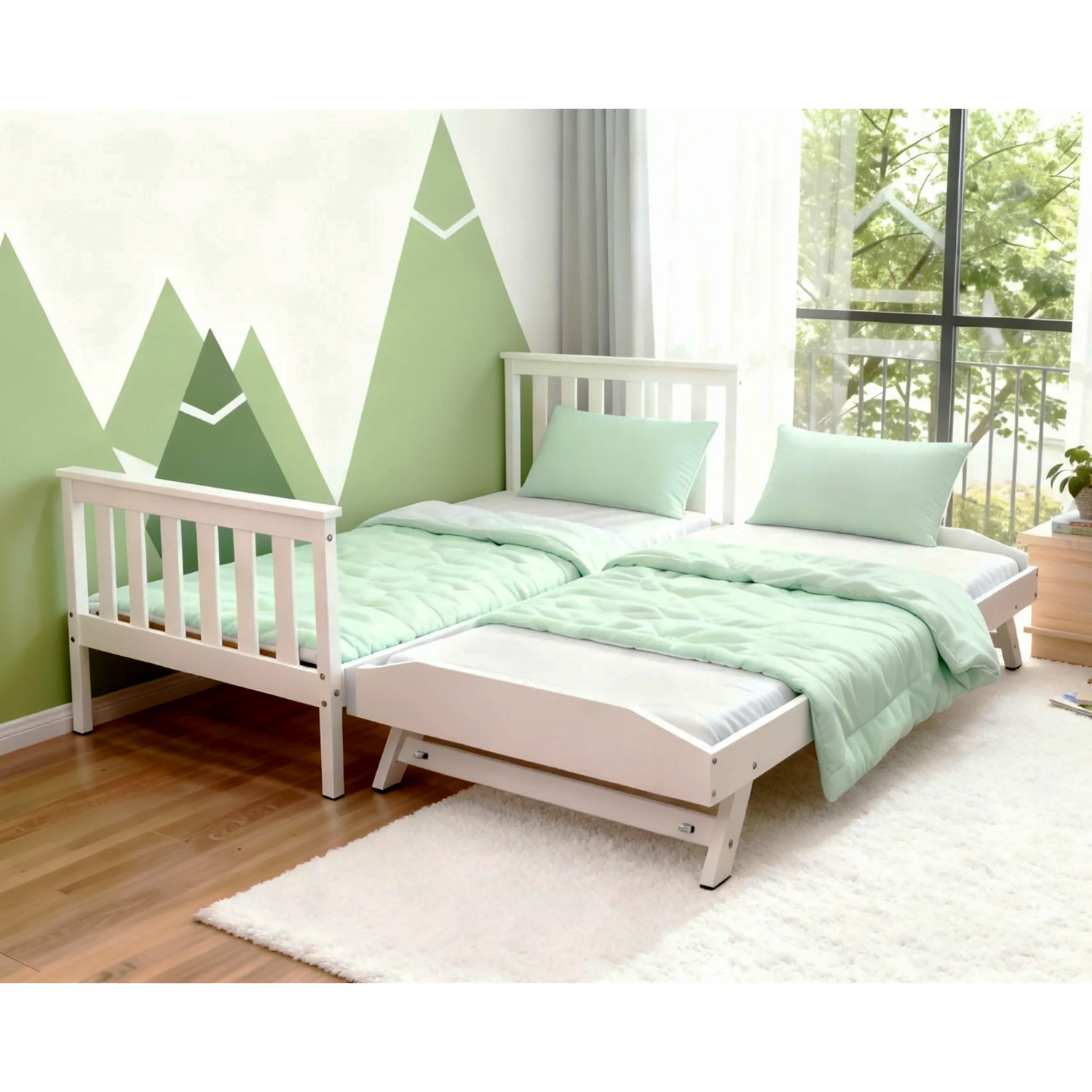 White single bed with the trundle raised on its fold-down legs beside the main bed