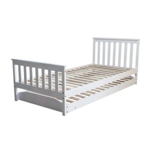 White wooden single bed with slatted headboard and footboard and the trundle stowed underneath