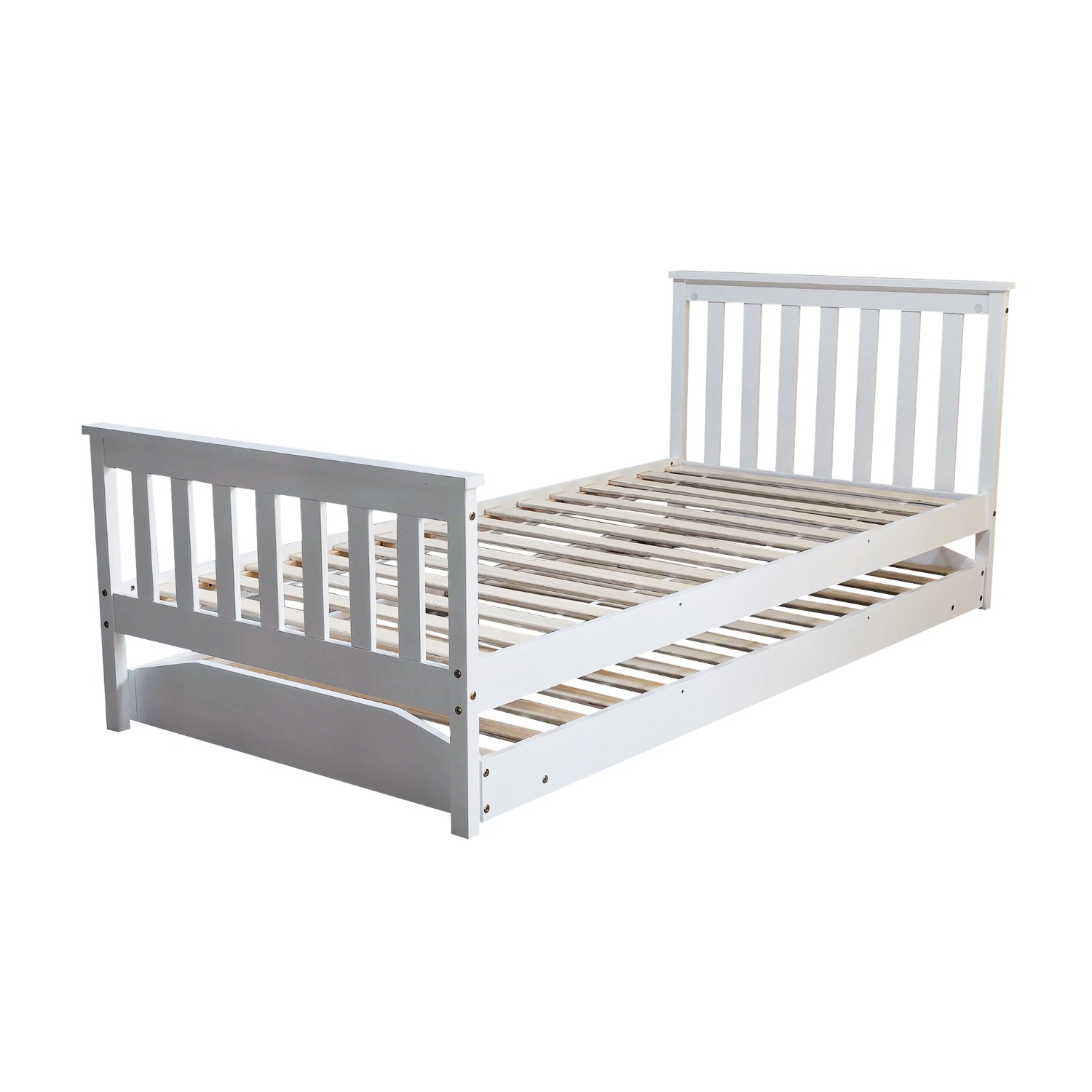 White wooden single bed with slatted headboard and footboard and the trundle stowed underneath