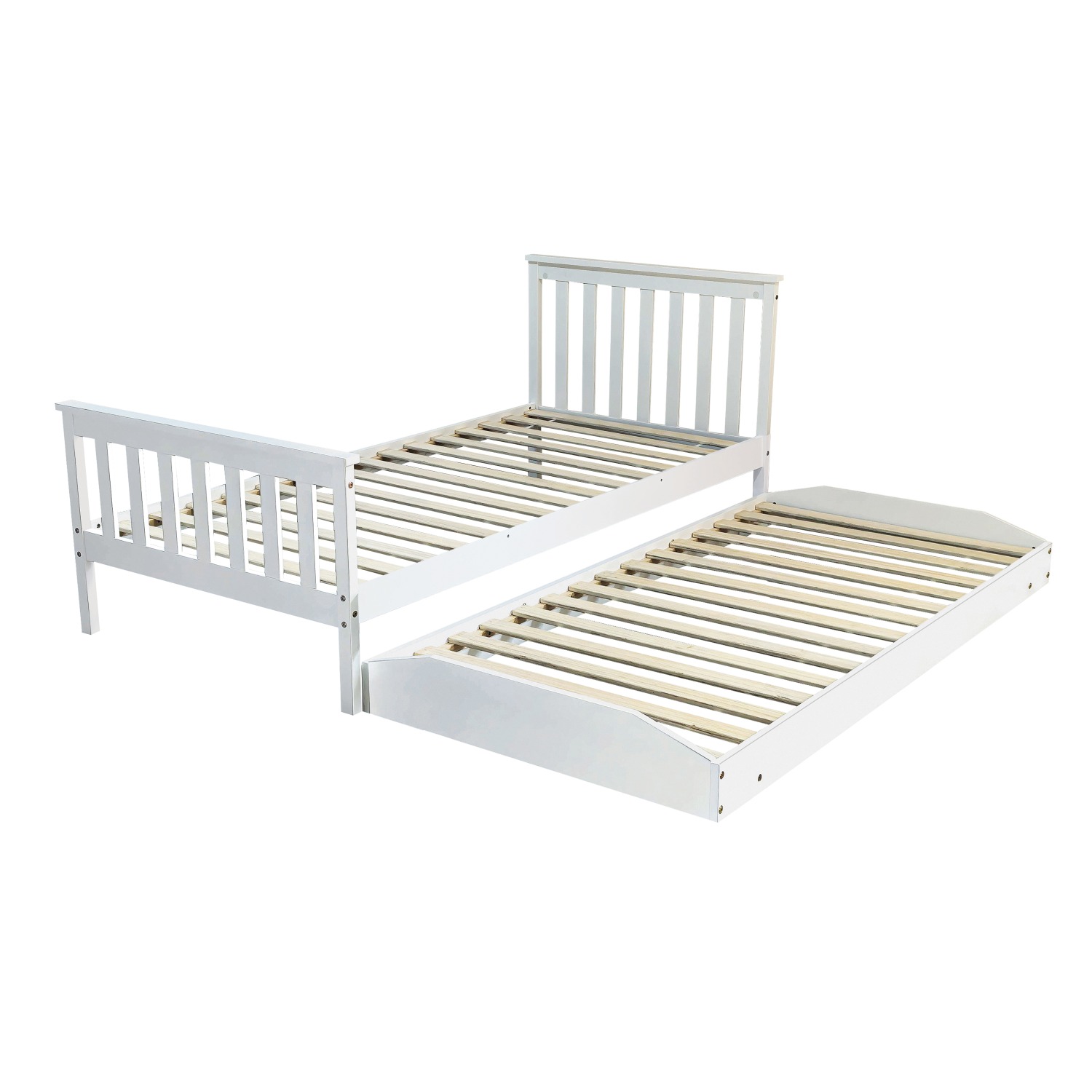 White single bed with the slatted trundle pulled fully out at floor level