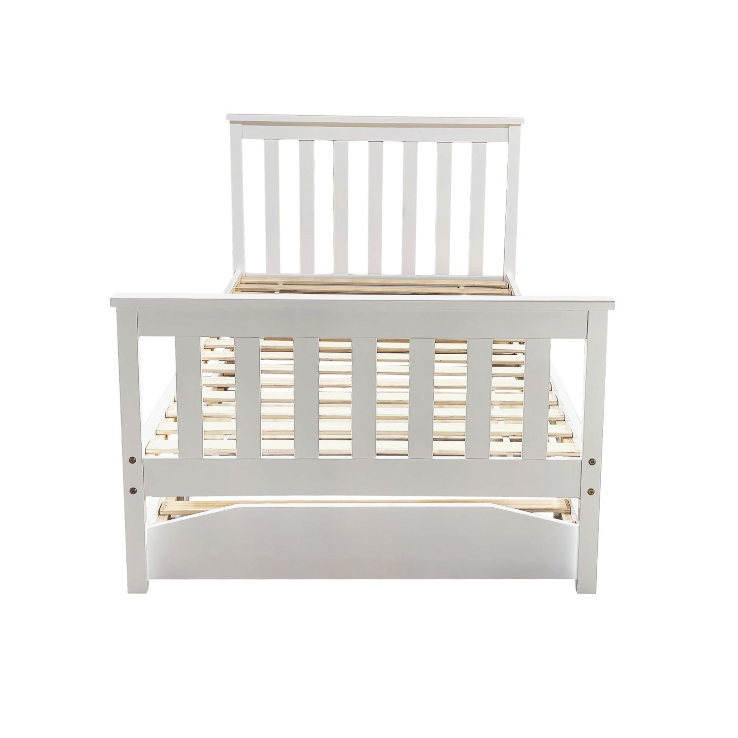 End view of the white wooden single bed showing the footboard and the trundle beneath
