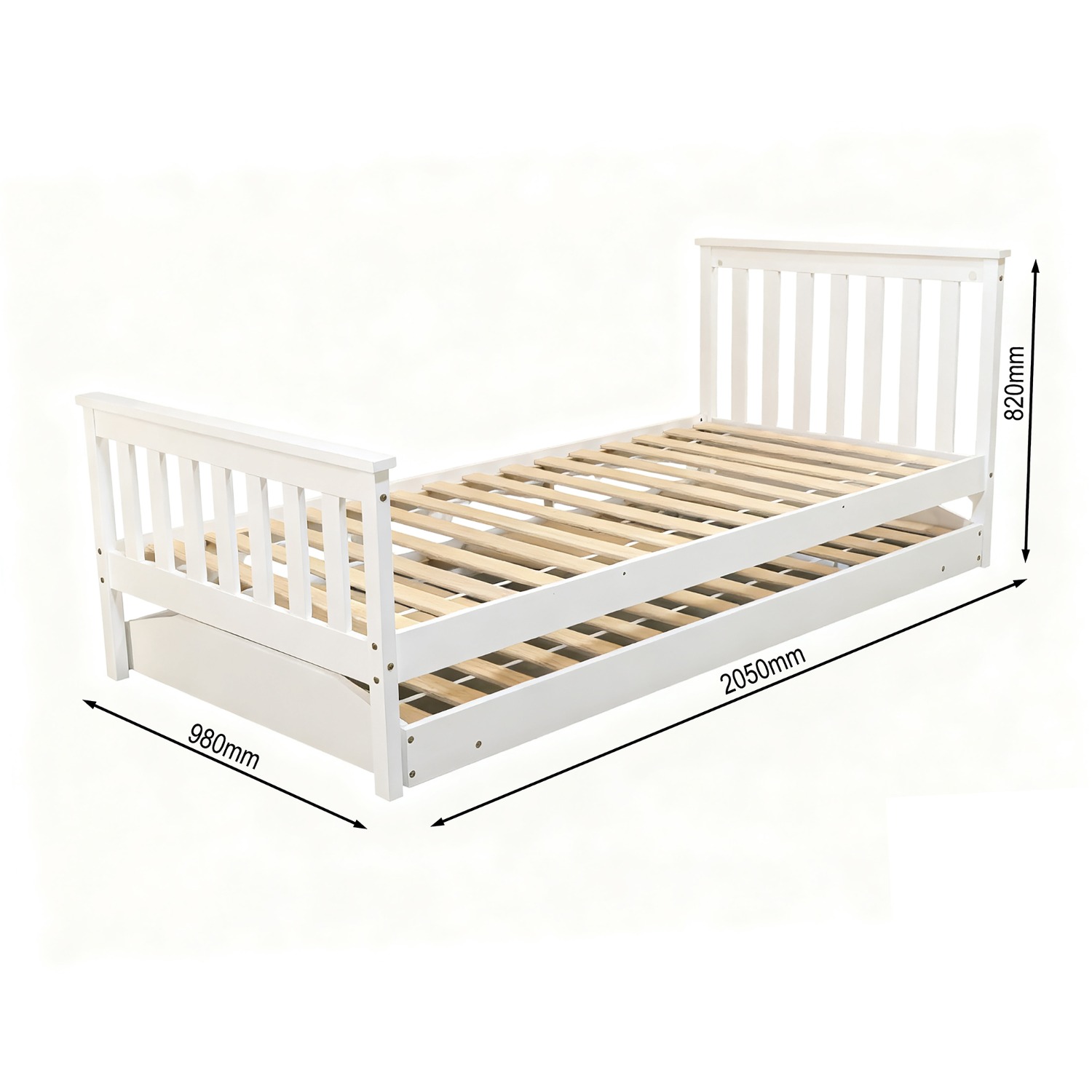 Dimension drawing of the single bed: 205 cm long, 98 cm wide and 82 cm high at the headboard