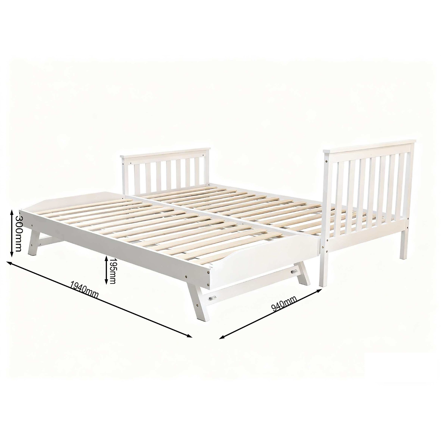 Dimension drawing of the trundle: 194 x 94 cm, 19.5 cm high stowed and 30 cm with legs down