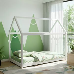 White wooden house bed in a child's room with green bedding and a mountain mural
