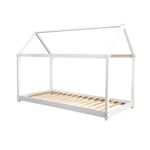 White single house bed frame with roof outline and low slatted base