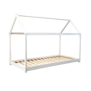 White wooden house bed from the opposite corner, showing the open sides