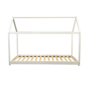 Side view of the white single house bed with wooden slats close to the floor