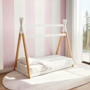 Teepee toddler bed with natural wood frame and white rails in a pink striped nursery