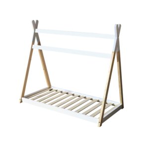 Teepee toddler bed with natural wood A-frame legs, white rails and low slatted base