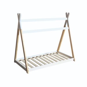 Teepee toddler bed from the other corner showing the crossed frame ends