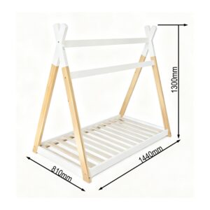 Dimension drawing of the teepee toddler bed: 144 cm long, 81 cm wide and 130 cm high