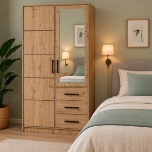 Kos 2 Door Mirrored Wardrobe 100cm with Drawers in Oak Artisan - in a bedroom setting beside the bed