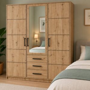 Kos 3 Door Mirrored Wardrobe 149cm with Drawers in Oak Artisan - in a bedroom setting beside the bed