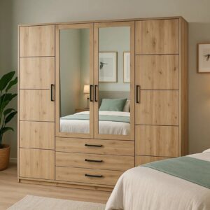 Kos 4 Door Mirrored Wardrobe 196cm with Drawers in Oak Artisan - in a bedroom setting beside the bed